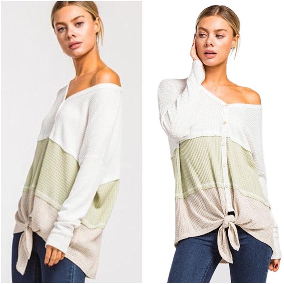 Cozy Button Detail Front Tie Waffle Top - Picture 2 of 2